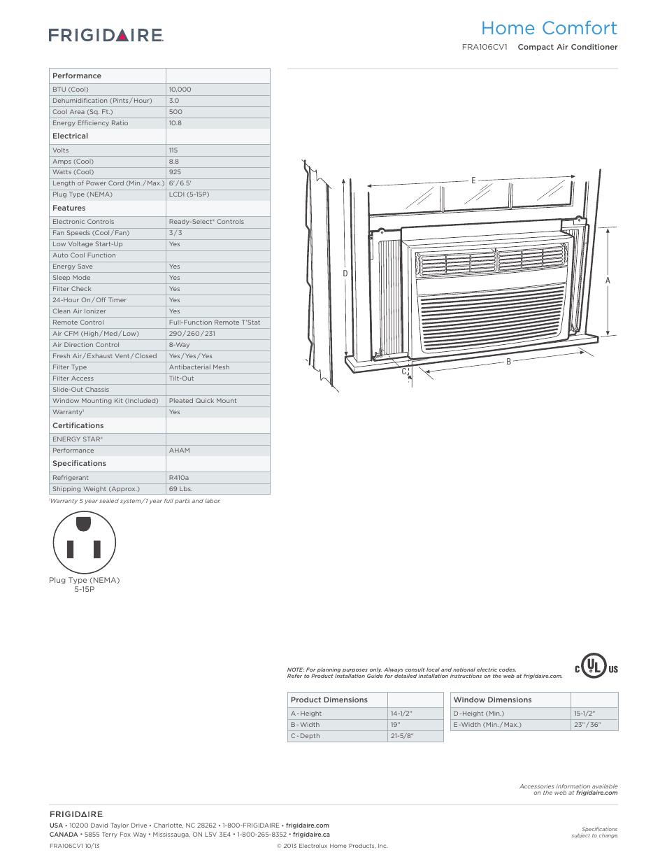 Rac compact models_window frigidaire baseline, Home comfort | FRIGIDAIRE FRA106CV1 User Manual | Page 2 / 2