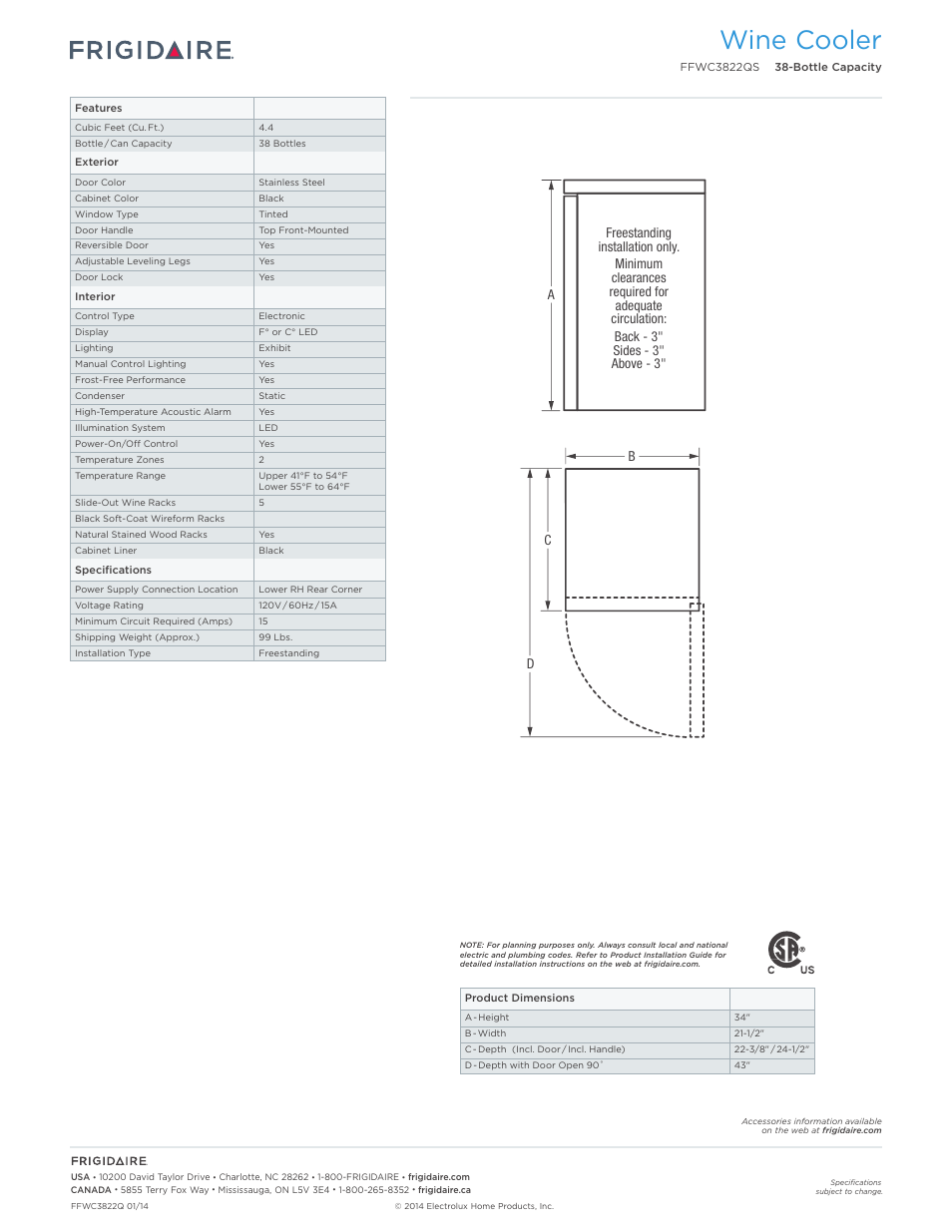 Wine coolers (no handle) frigidaire baseline, Wine cooler | FRIGIDAIRE FFWC3822QS User Manual | Page 2 / 2