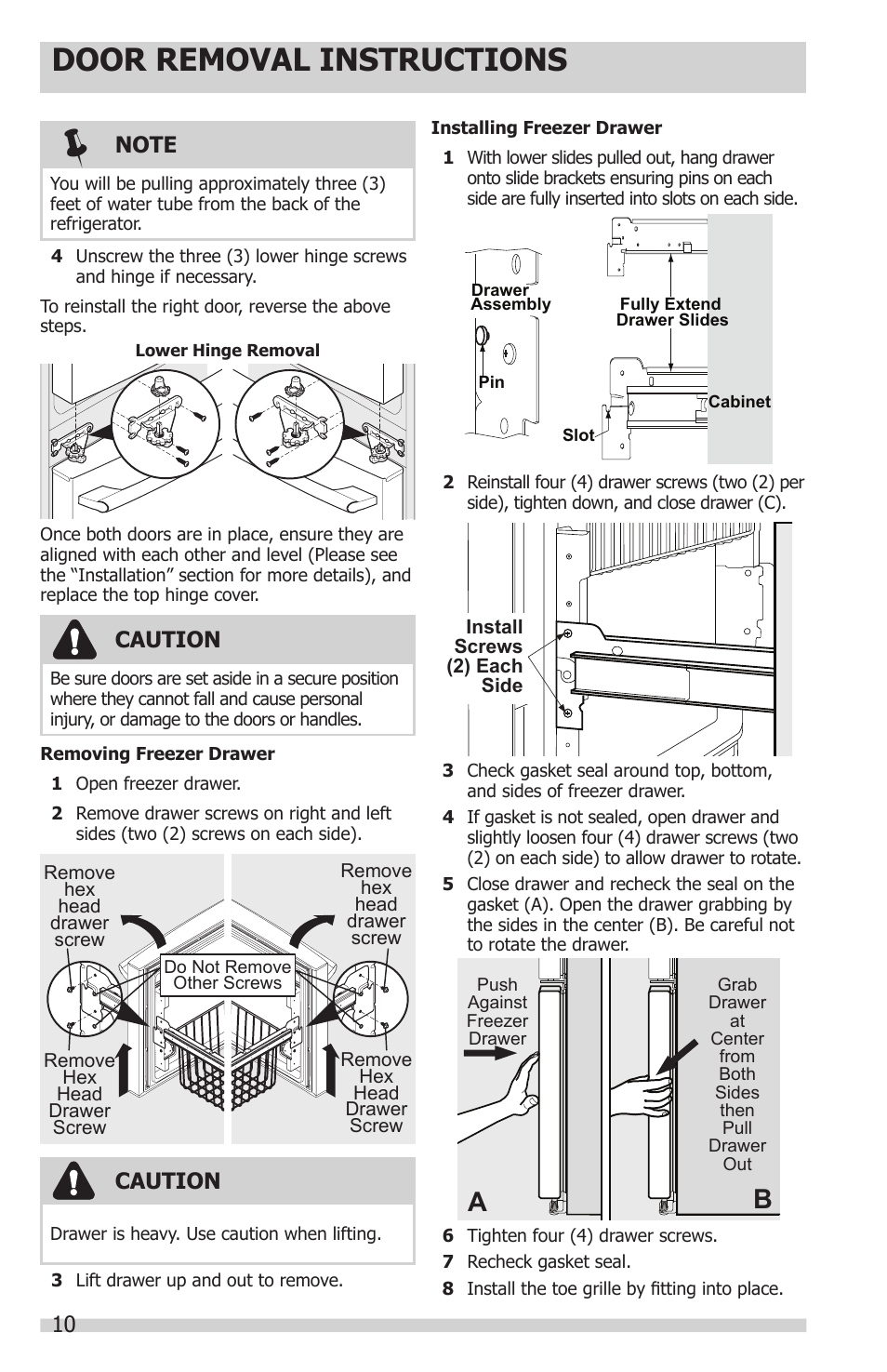 Door removal instructions, Caution | FRIGIDAIRE FGHN2844LF User Manual | Page 10 / 30