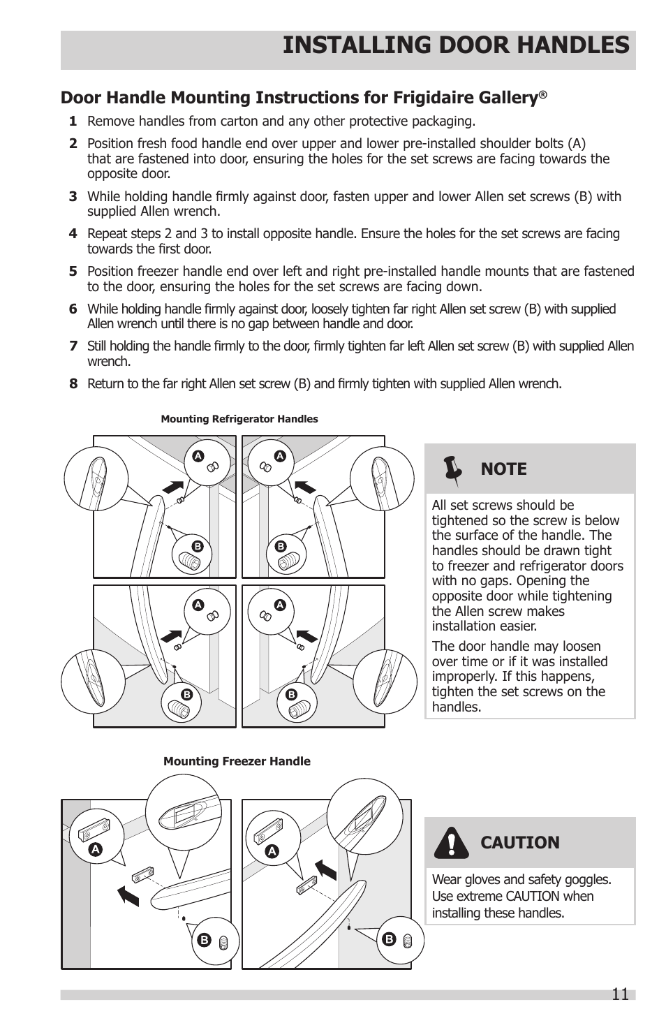 Installing door handles | FRIGIDAIRE FGHN2844LF User Manual | Page 11 / 30