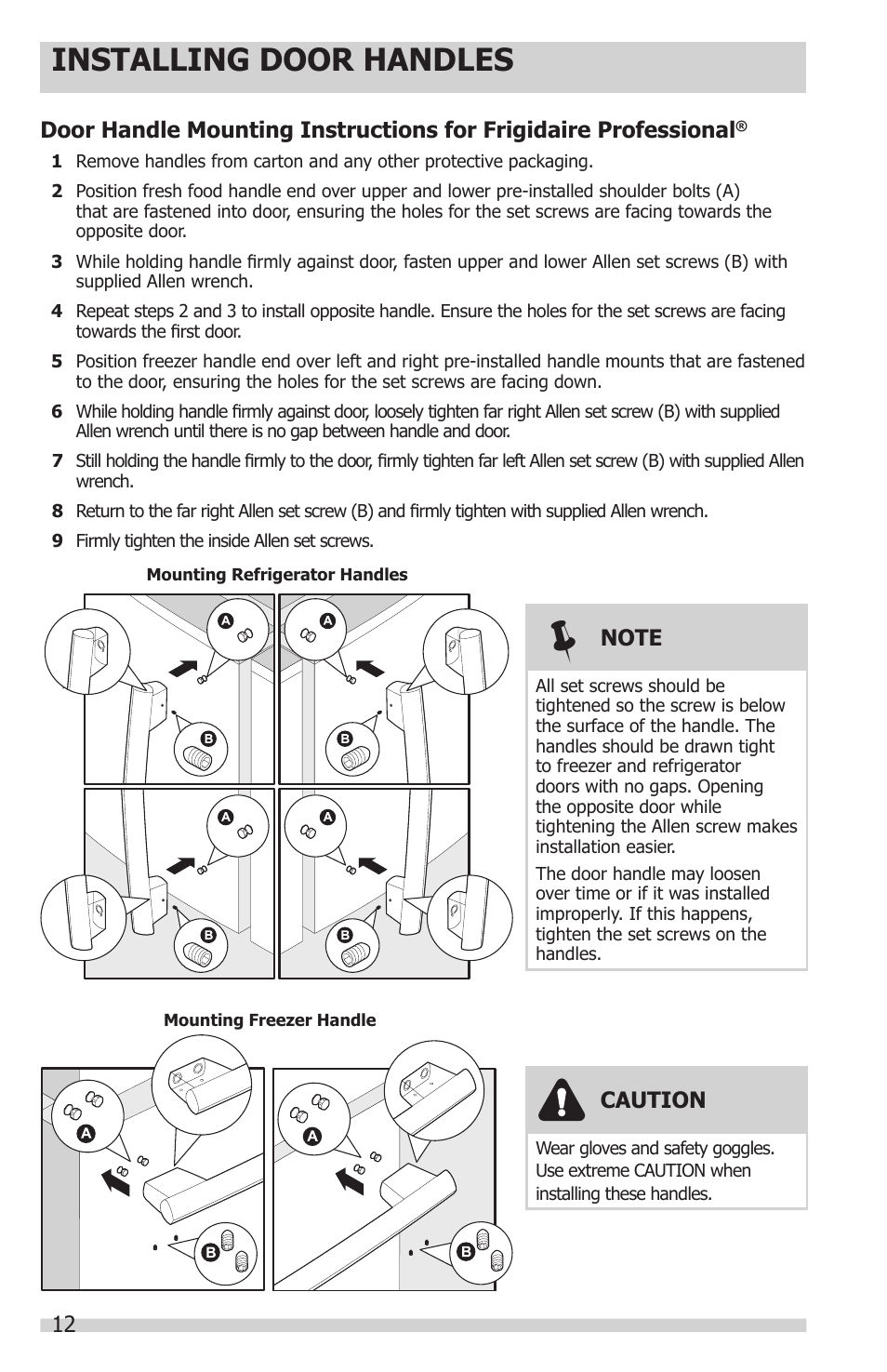 Installing door handles | FRIGIDAIRE FGHN2844LF User Manual | Page 12 / 30