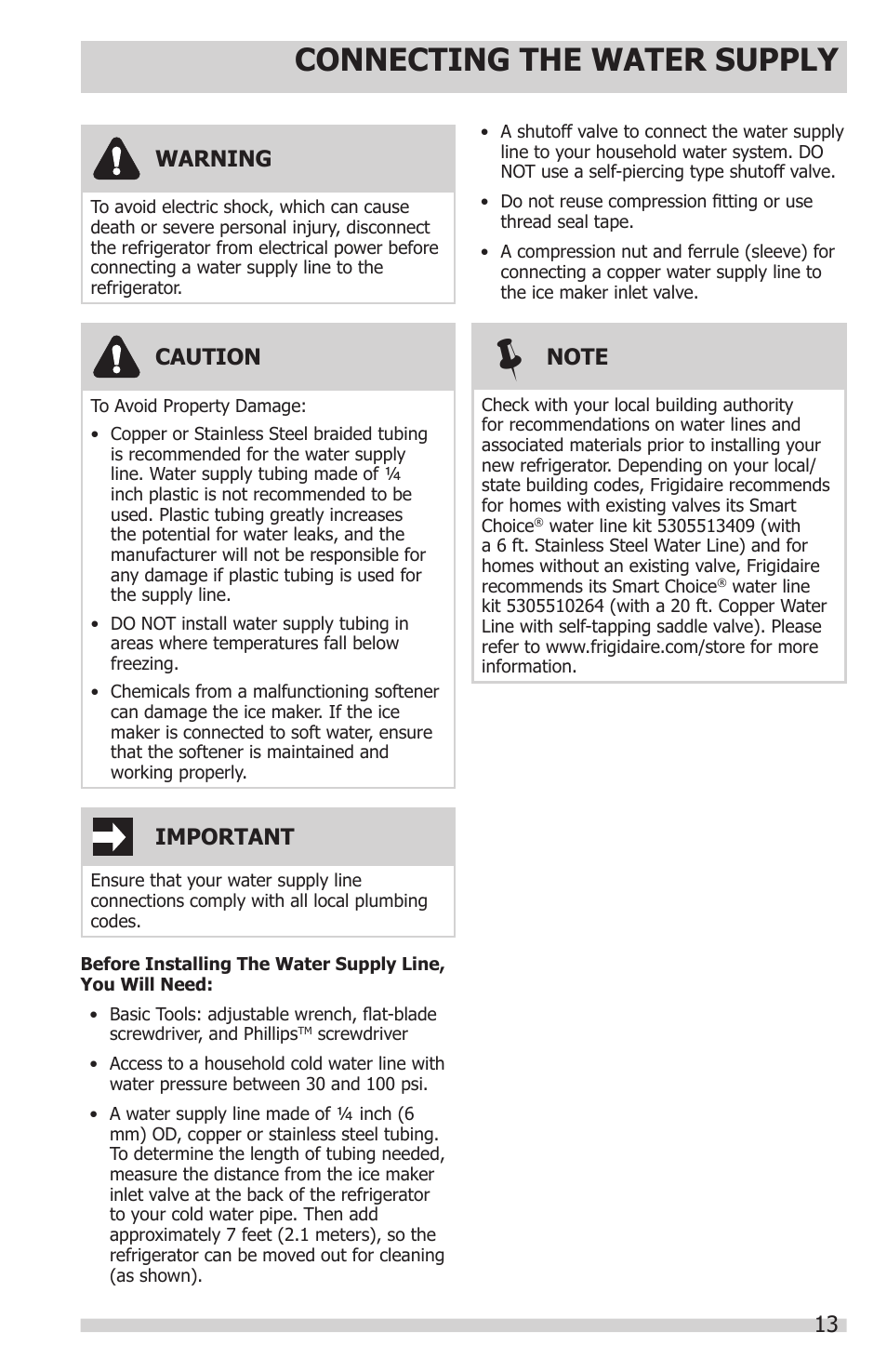 Connecting the water supply, Warning, Caution | Important | FRIGIDAIRE FGHN2844LF User Manual | Page 13 / 30