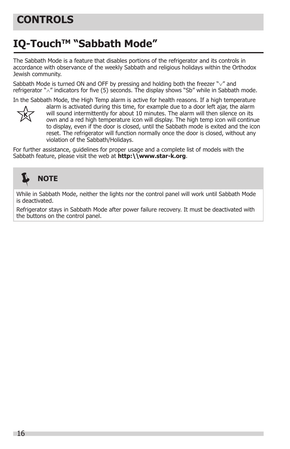 Controls, Iq-touch, Sabbath mode | FRIGIDAIRE FGHN2844LF User Manual | Page 16 / 30