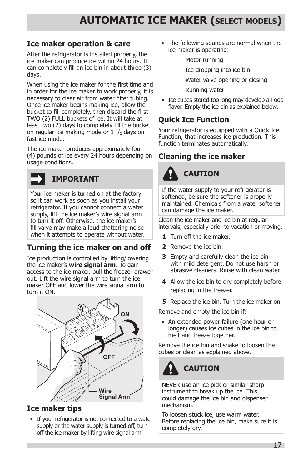 Automatic ice maker, Important, Caution | 17 ice maker operation & care, Turning the ice maker on and off, Ice maker tips, Quick ice function, Cleaning the ice maker | FRIGIDAIRE FGHN2844LF User Manual | Page 17 / 30