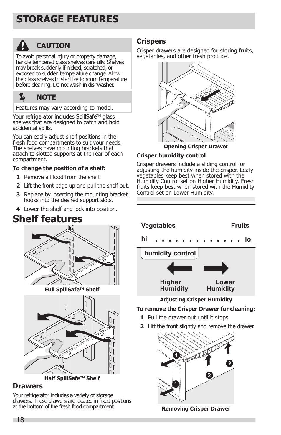 Storage features, Shelf features, Caution | Drawers, Crispers | FRIGIDAIRE FGHN2844LF User Manual | Page 18 / 30