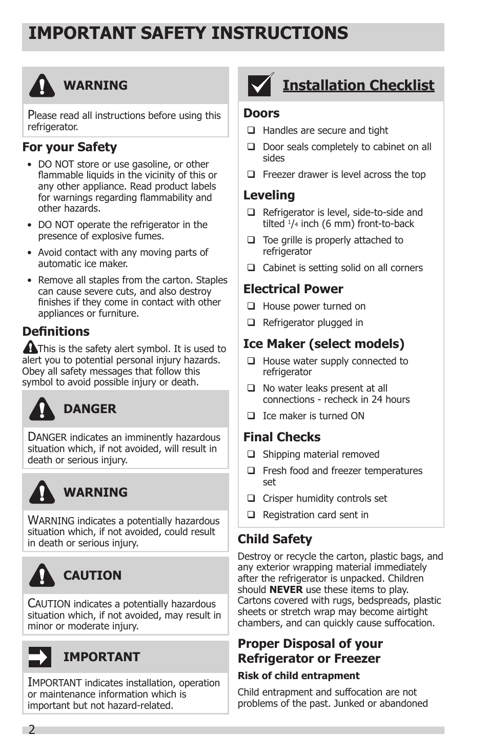Important safety instructions, Installation checklist, Warning w | Important i, Danger d, Definitions, Doors, Leveling, Electrical power, Ice maker (select models) | FRIGIDAIRE FGHN2844LF User Manual | Page 2 / 30