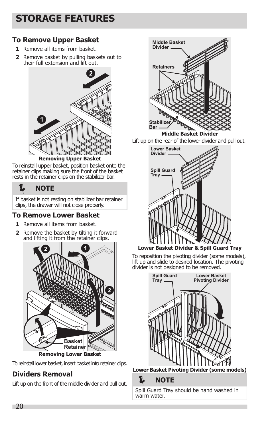 Storage features, 20 to remove upper basket, Dividers removal | FRIGIDAIRE FGHN2844LF User Manual | Page 20 / 30