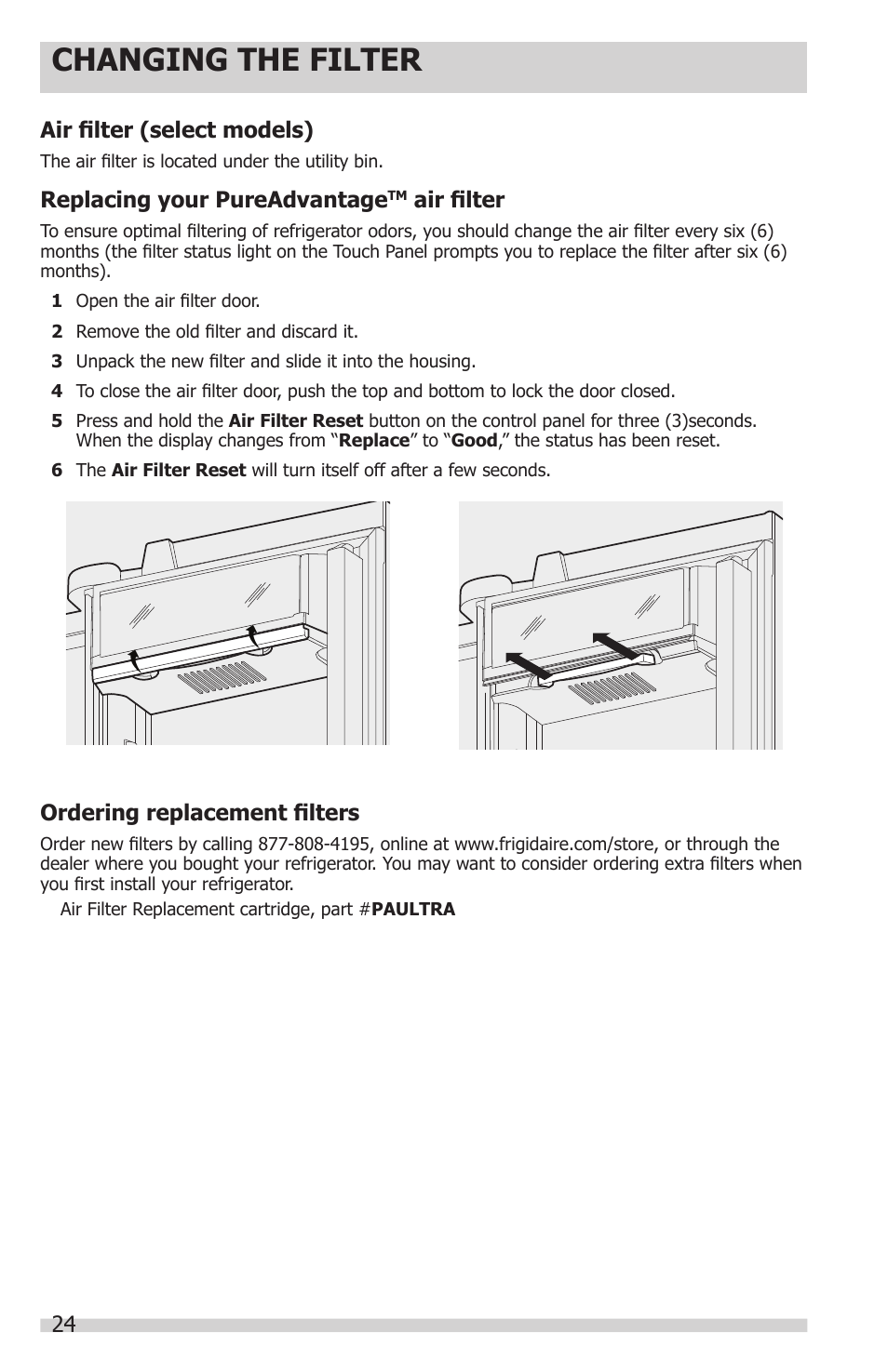 Changing the filter | FRIGIDAIRE FGHN2844LF User Manual | Page 24 / 30
