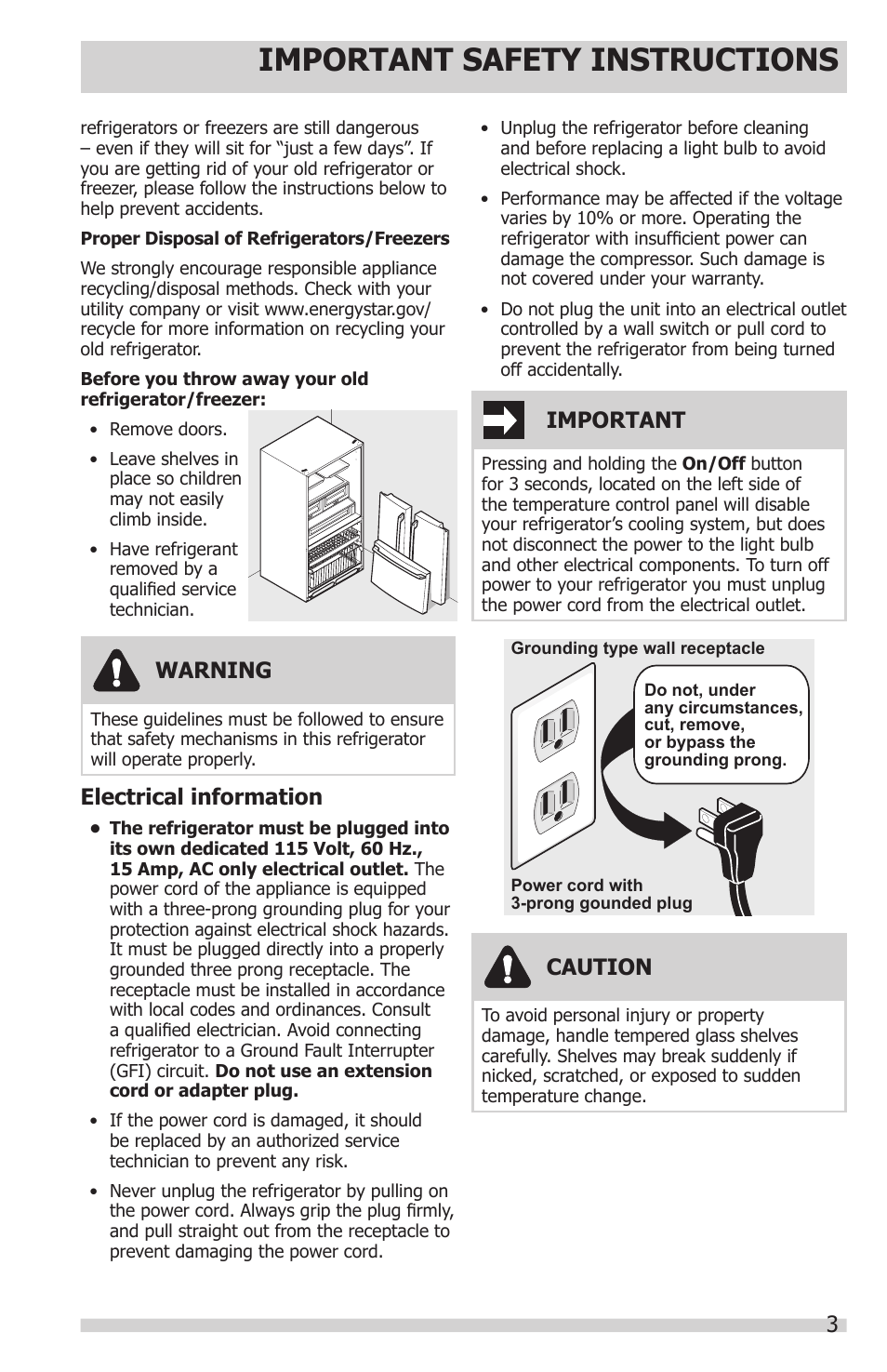 Important safety instructions, Electrical information, Warning | Important, Caution | FRIGIDAIRE FGHN2844LF User Manual | Page 3 / 30