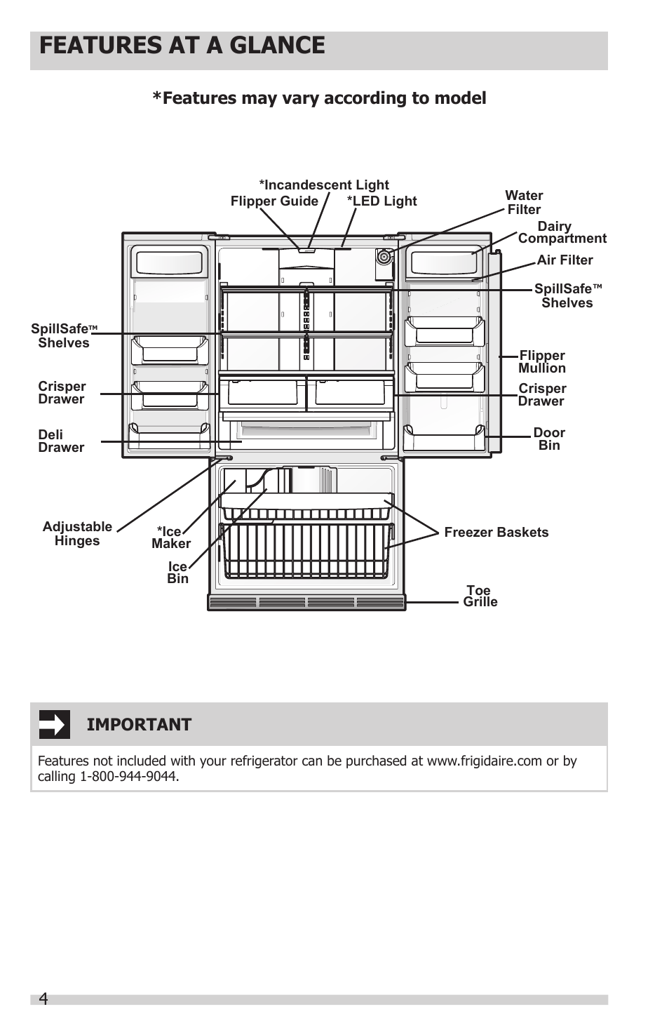 Features at a glance, Features may vary according to model, Important | FRIGIDAIRE FGHN2844LF User Manual | Page 4 / 30