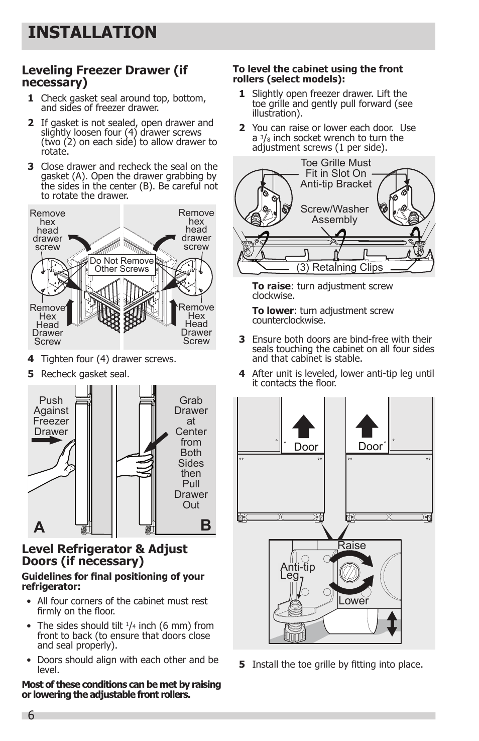 Installation, Leveling freezer drawer (if necessary), Level refrigerator & adjust doors (if necessary) | FRIGIDAIRE FGHN2844LF User Manual | Page 6 / 30