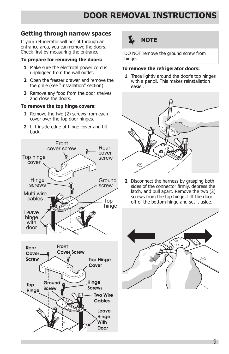 Door removal instructions | FRIGIDAIRE FGHN2844LF User Manual | Page 9 / 30