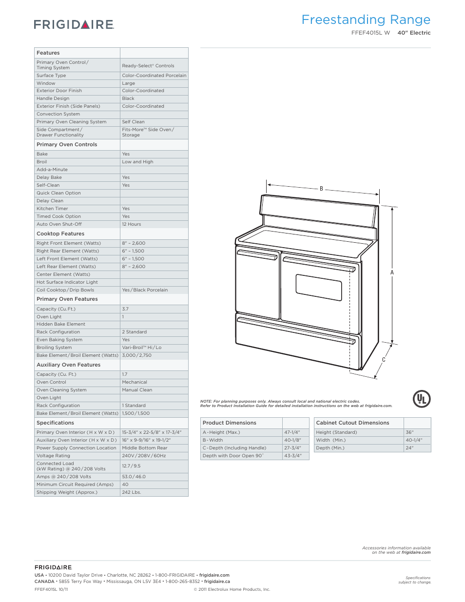 Freestanding range | FRIGIDAIRE FFEF4015LW User Manual | Page 2 / 7