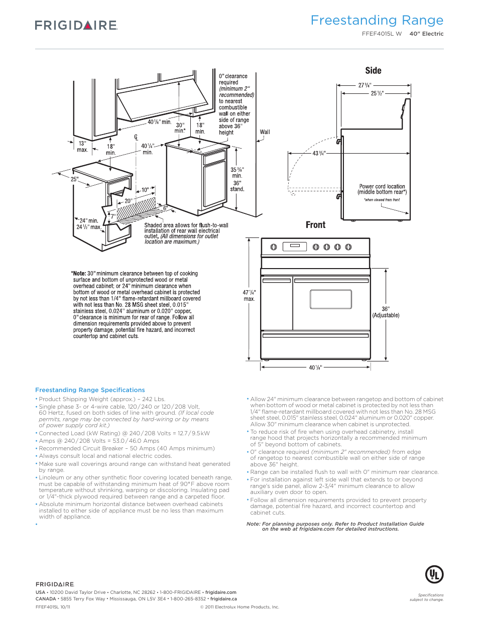 40" electric freestanding ranges frig baseline, Freestanding range | FRIGIDAIRE FFEF4015LW User Manual | Page 3 / 7