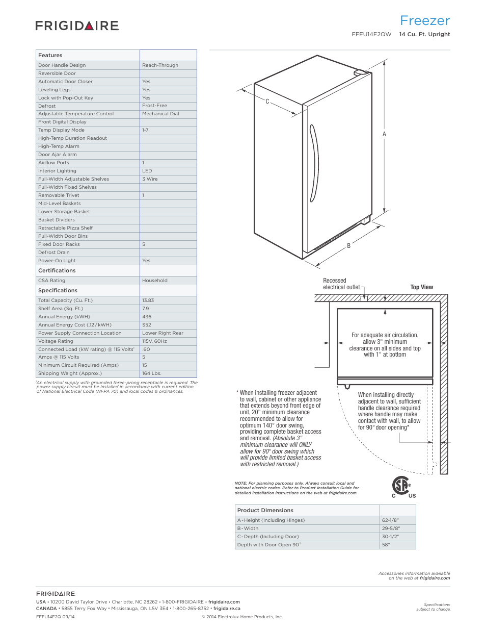 Freezer | FRIGIDAIRE FFFU14F2QW User Manual | Page 2 / 3