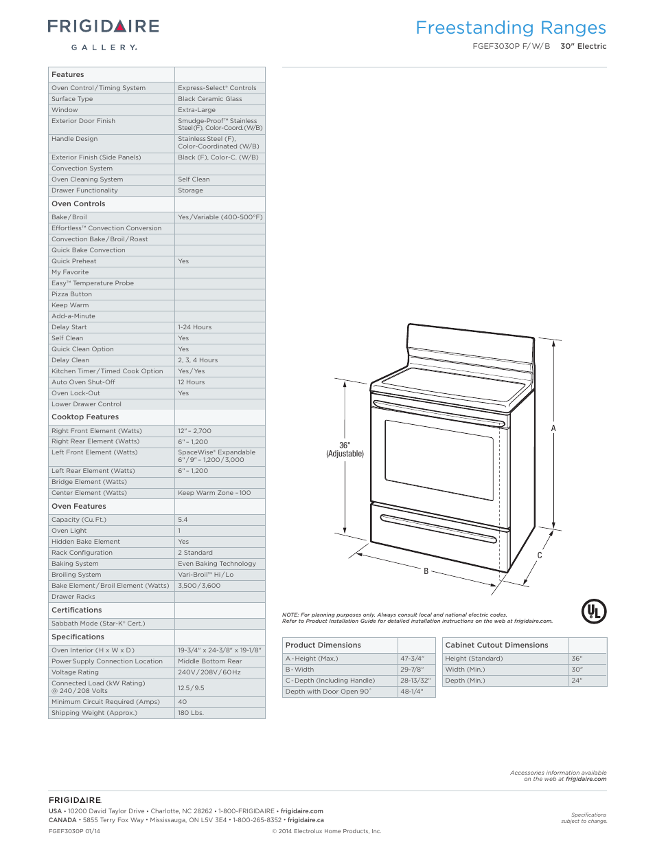 Freestanding ranges | FRIGIDAIRE FGEF3030PB User Manual | Page 2 / 7