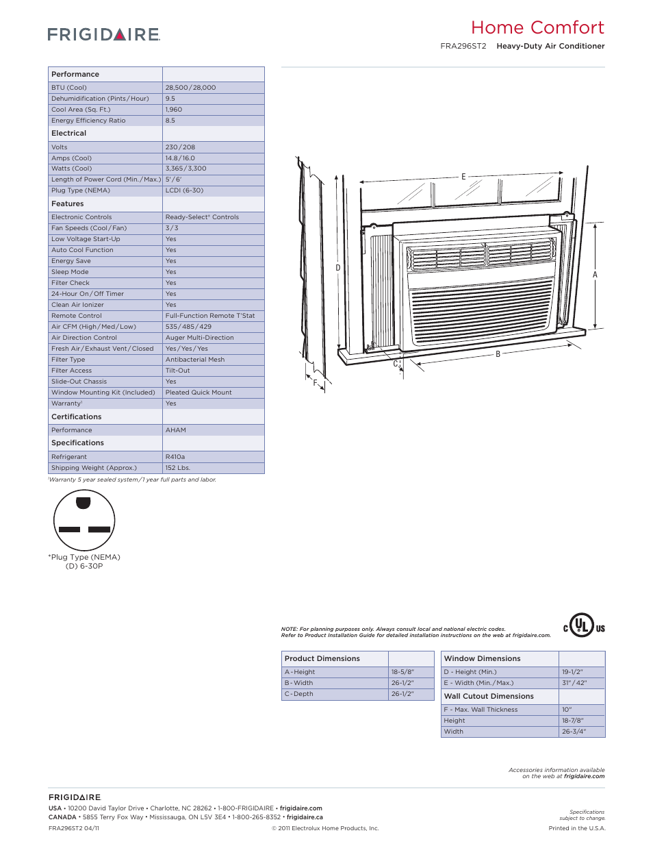 Rac heavy-duty models frigidaire baseline, Home comfort | FRIGIDAIRE FRA296ST2 User Manual | Page 2 / 2