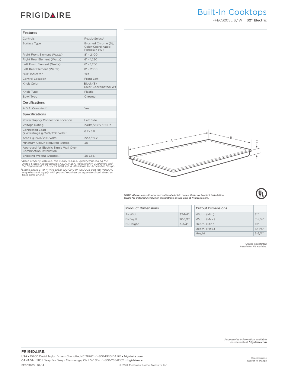 Drop-in electric cooktops frigidaire baseline, Built-in cooktops | FRIGIDAIRE FFEC3205LS User Manual | Page 2 / 5