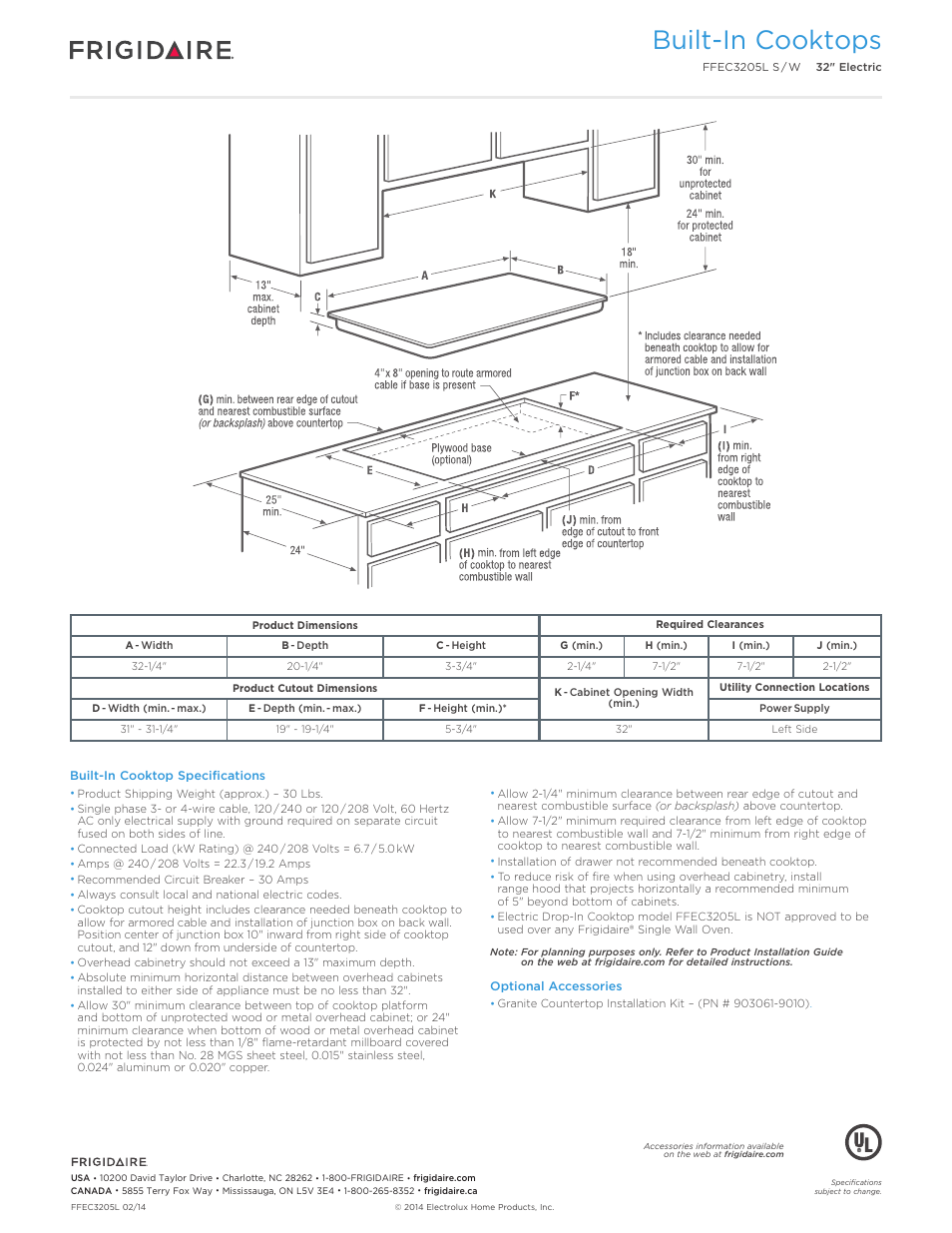 Drop-in induction / electric cooktops, Professional / gallery / baseline, Built-in cooktops | Callouts must be charted per individual model) | FRIGIDAIRE FFEC3205LS User Manual | Page 3 / 5