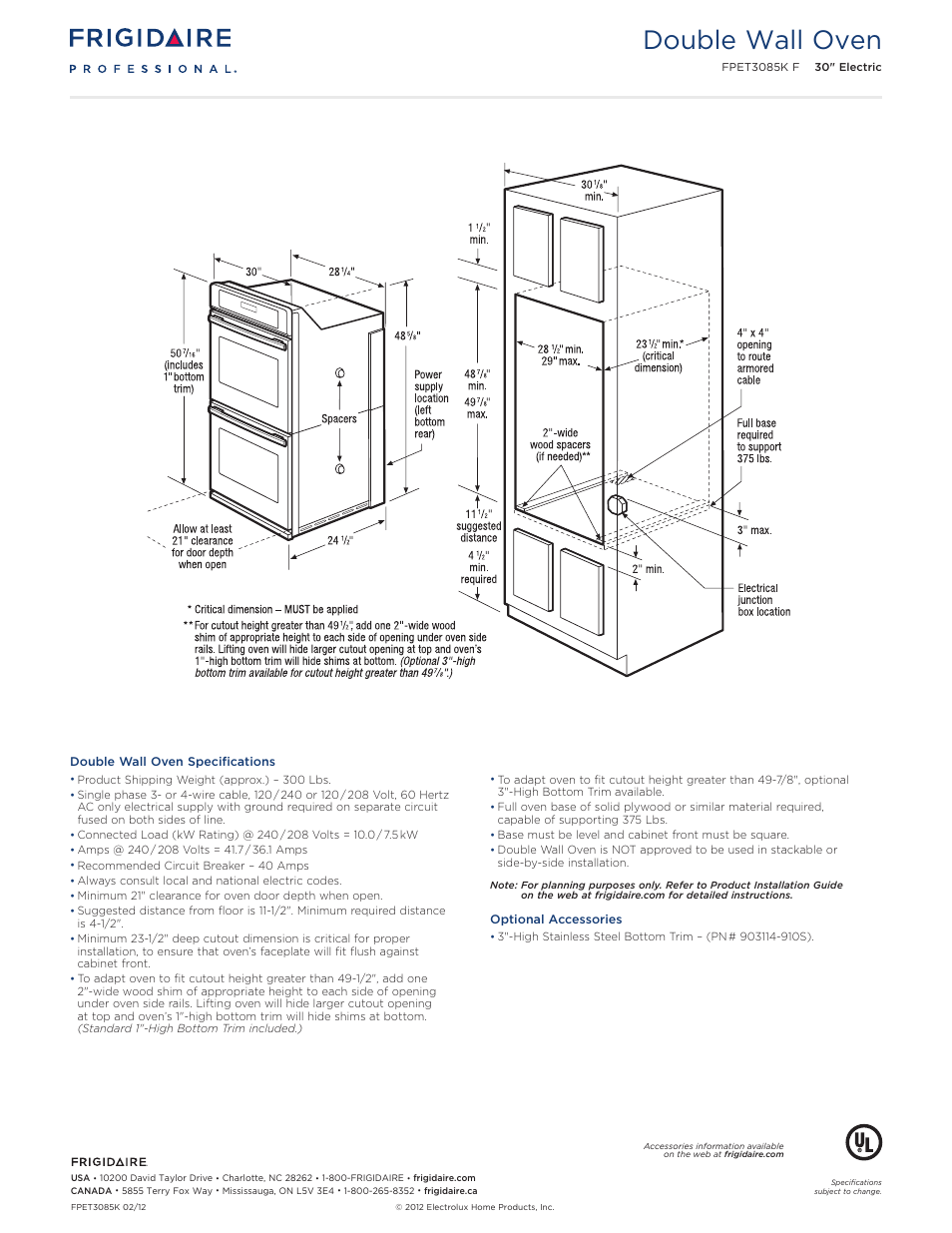 30" double electric wall oven professional, Double wall oven | FRIGIDAIRE FPET3085KF User Manual | Page 3 / 6