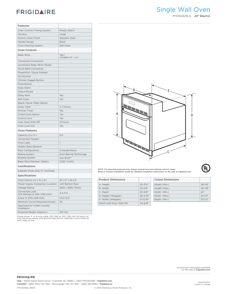 24" single electric wall ovens frigidaire baseline, Single wall oven, Ed b c a | FRIGIDAIRE FFEW2425LS User Manual | Page 2 / 7