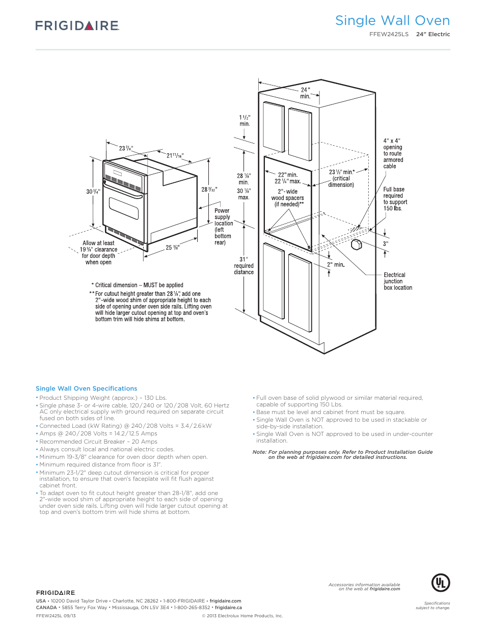 24" single electric wall ovens baseline, Single wall oven | FRIGIDAIRE FFEW2425LS User Manual | Page 3 / 7