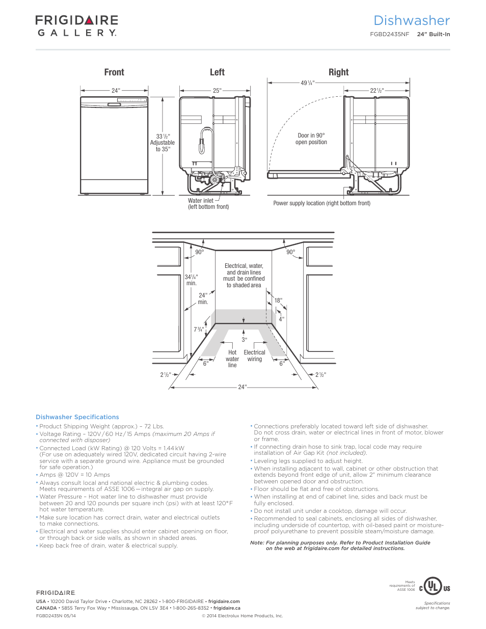 Dishwasher, Front, Right left | FRIGIDAIRE FGBD2435NW User Manual | Page 3 / 7