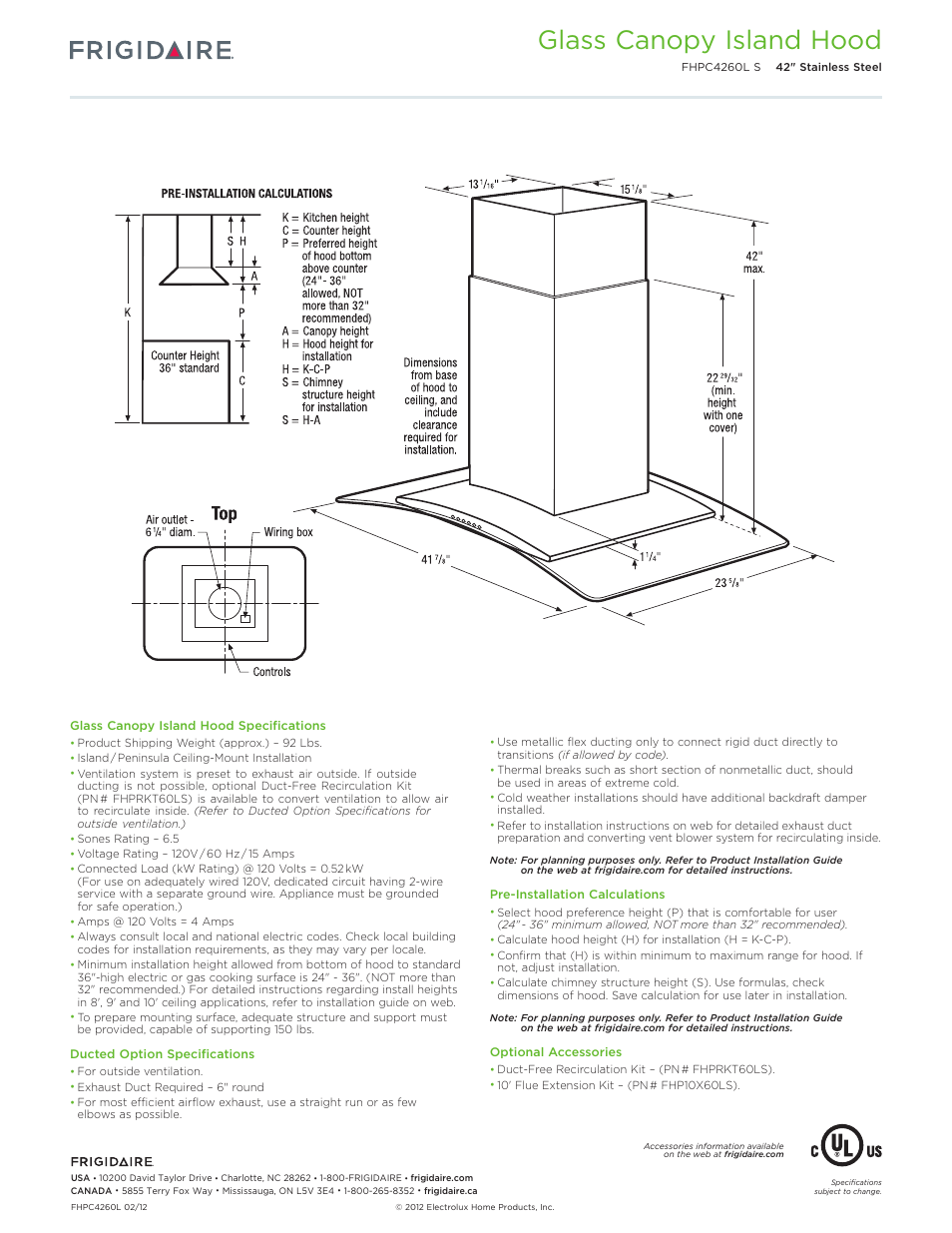 I/p vent hood fhpc4260ls, Glass canopy island hood | FRIGIDAIRE FHPC4260LS User Manual | Page 2 / 5