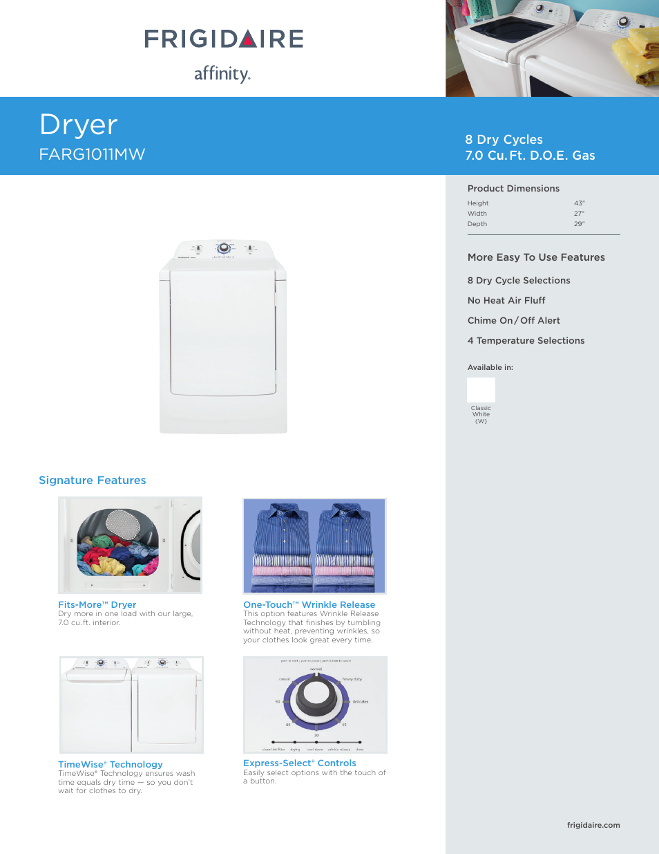 FRIGIDAIRE FARG1011MW User Manual | 3 pages