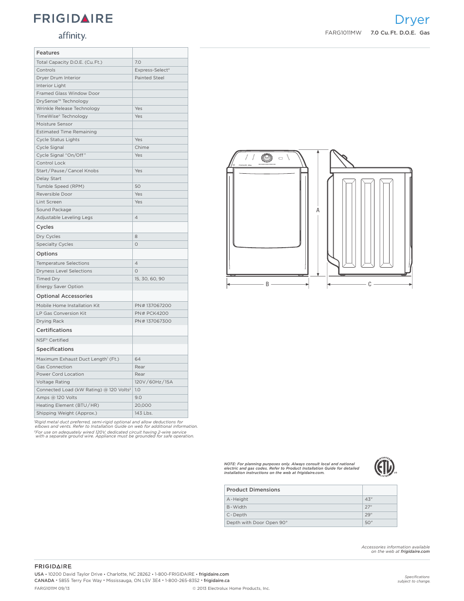 Dryer | FRIGIDAIRE FARG1011MW User Manual | Page 2 / 3