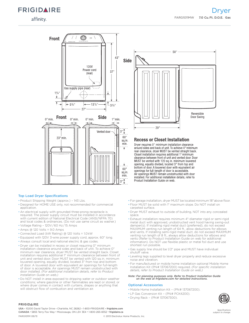 Dryer | FRIGIDAIRE FARG1011MW User Manual | Page 3 / 3