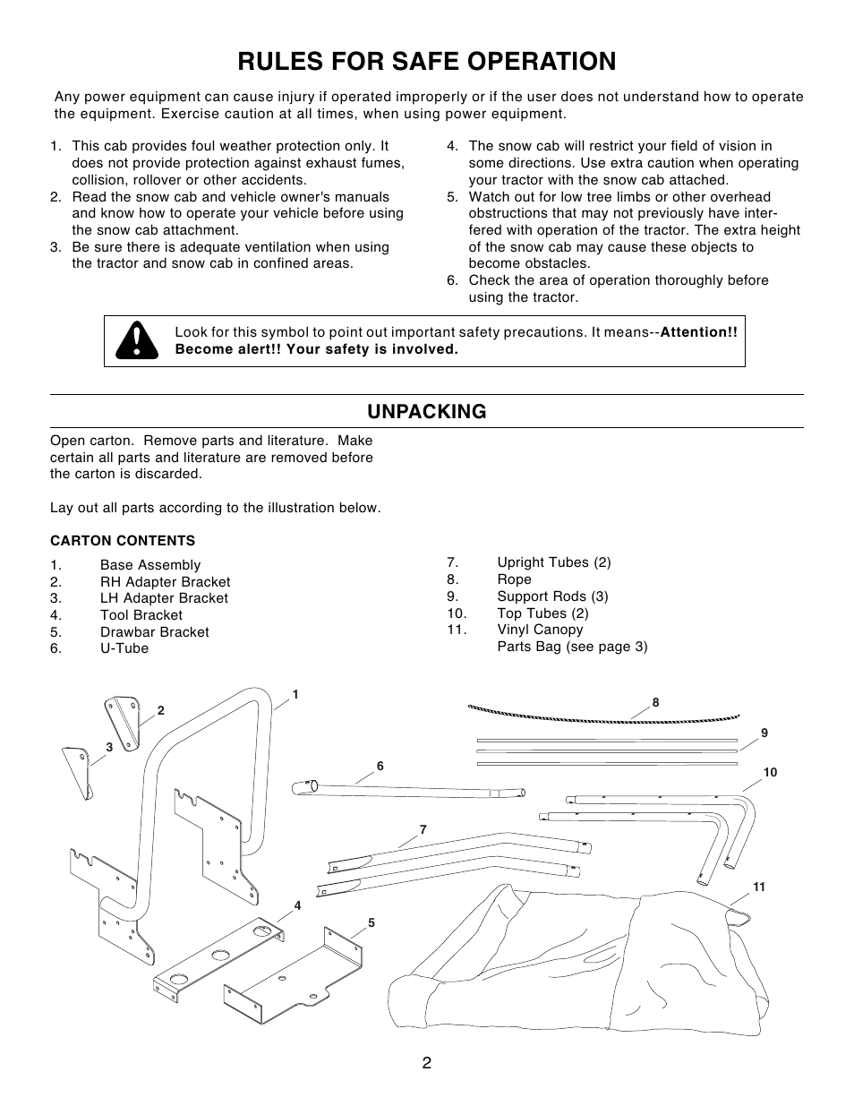 Rules for safe operation, Unpacking ntents | MTD 190-751-OEM User Manual | Page 2 / 8