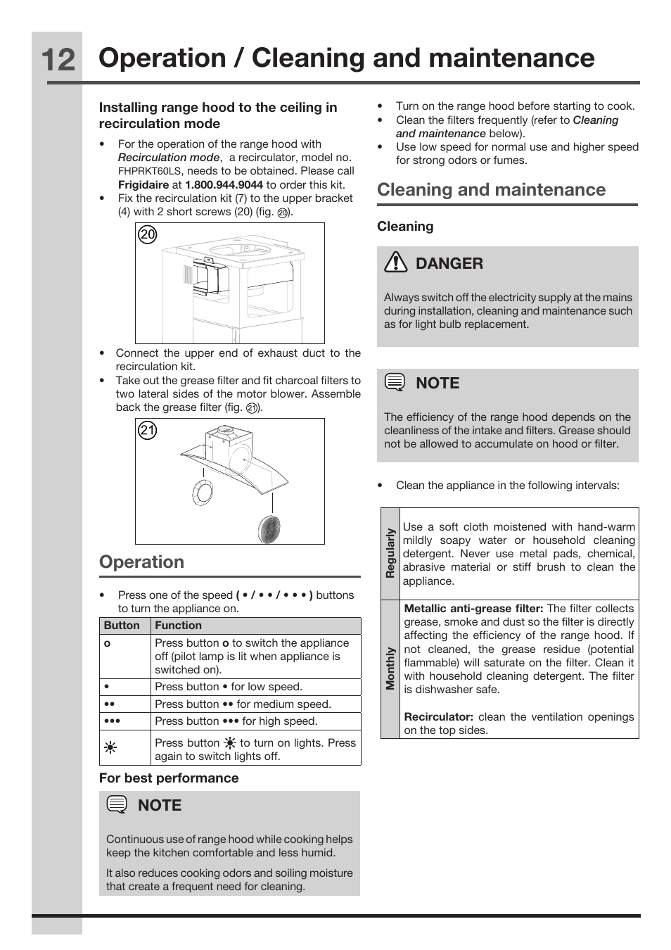 Operation / cleaning and maintenance, Operation, Cleaning and maintenance | Danger | FRIGIDAIRE FHPC4260LS User Manual | Page 12 / 15