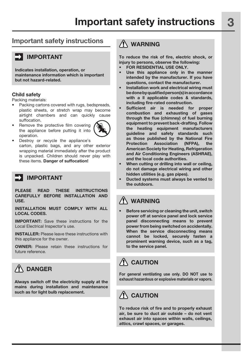 Important safety instructions, Important, Danger | Warning, Caution | FRIGIDAIRE FHPC4260LS User Manual | Page 3 / 15