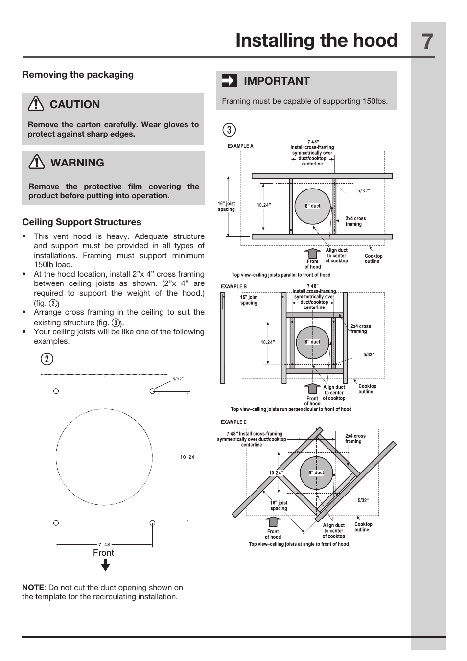 Installing the hood, Caution, Warning | Important | FRIGIDAIRE FHPC4260LS User Manual | Page 7 / 15