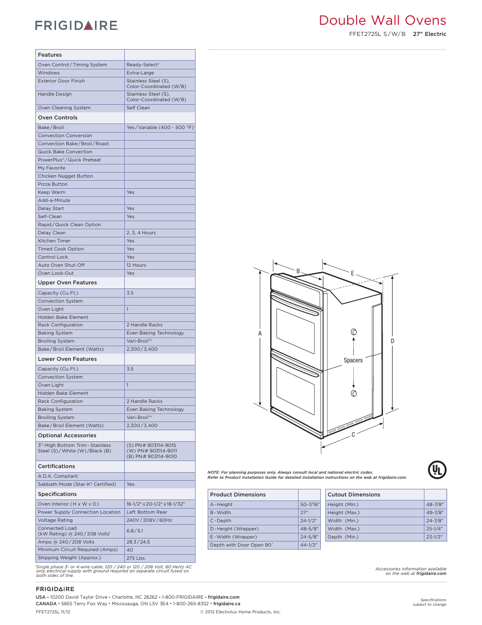 Double electric wall ovens frigidaire baseline, Double wall ovens | FRIGIDAIRE FFET2725LW User Manual | Page 2 / 6