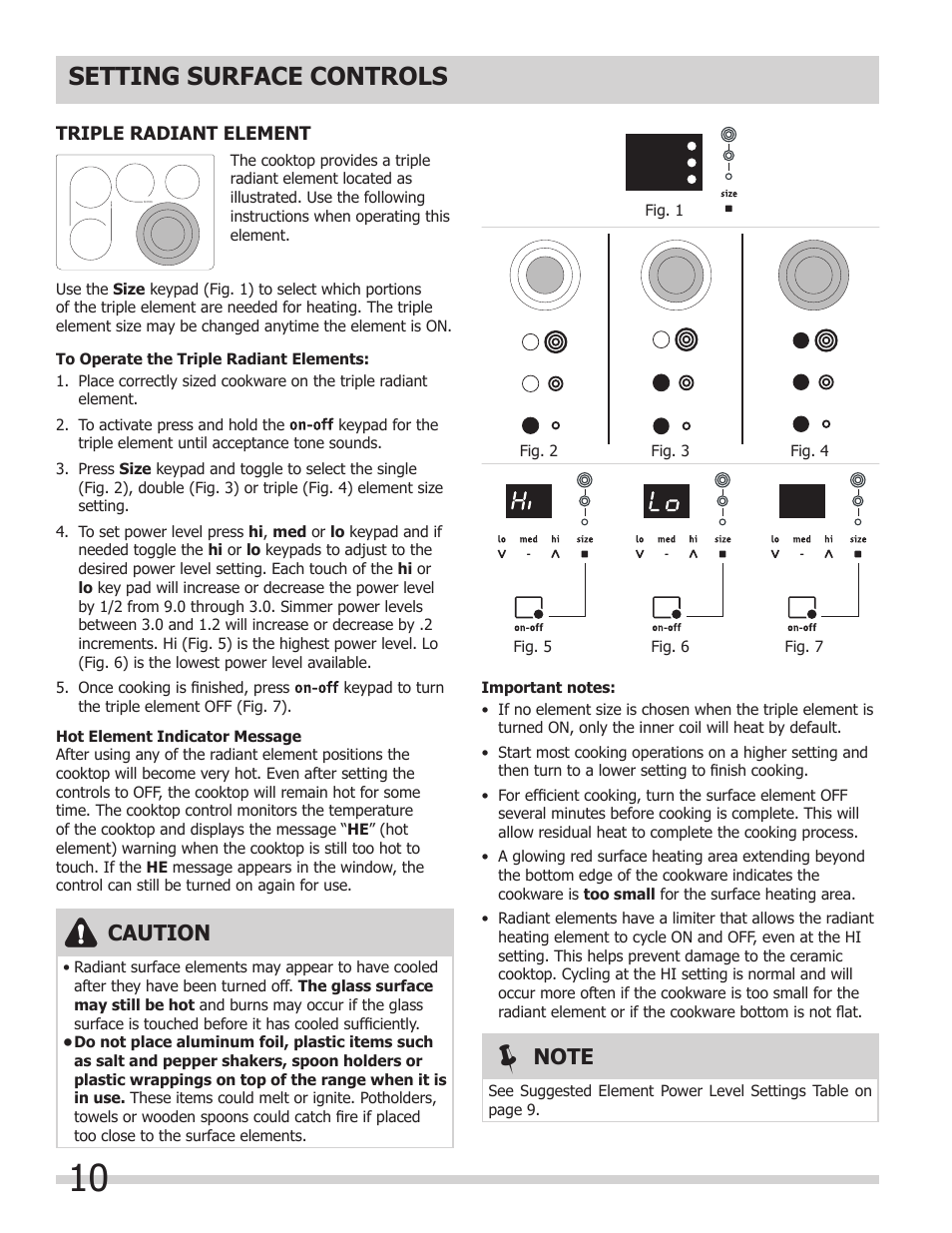 Setting surface controls, Caution | FRIGIDAIRE FGEF308TNF User Manual | Page 10 / 40