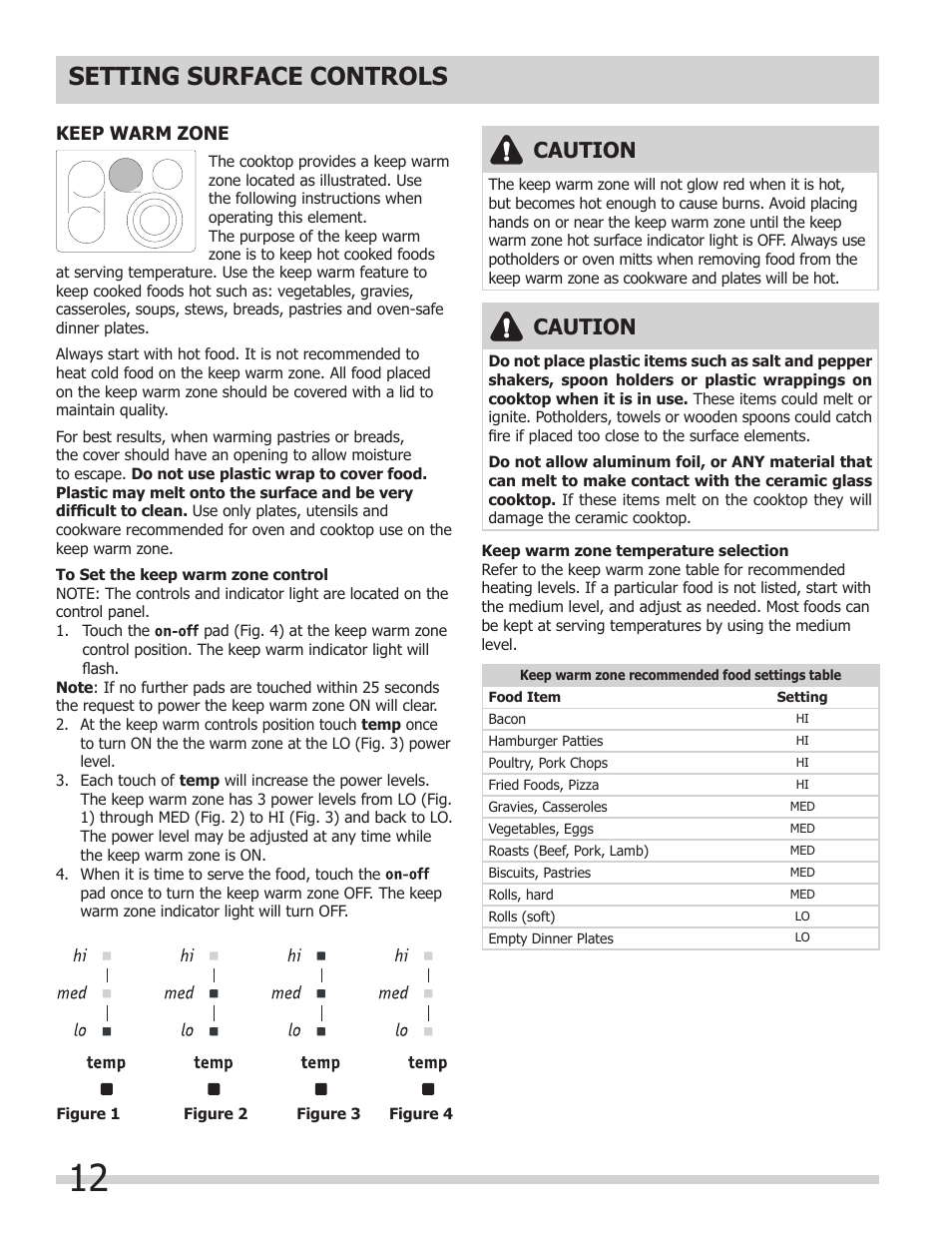 Setting surface controls, Caution | FRIGIDAIRE FGEF308TNF User Manual | Page 12 / 40