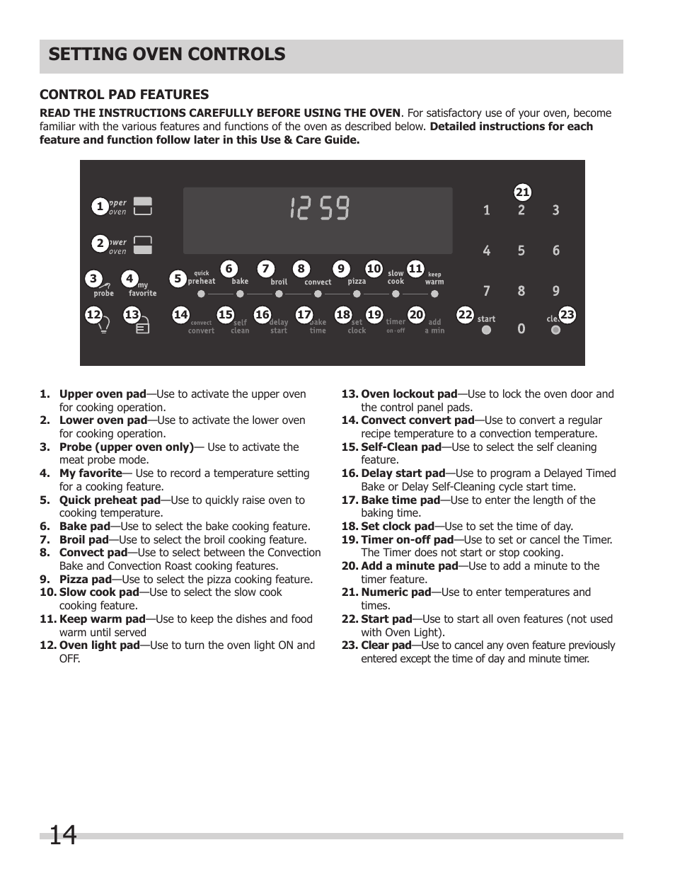 Setting oven controls | FRIGIDAIRE FGEF308TNF User Manual | Page 14 / 40