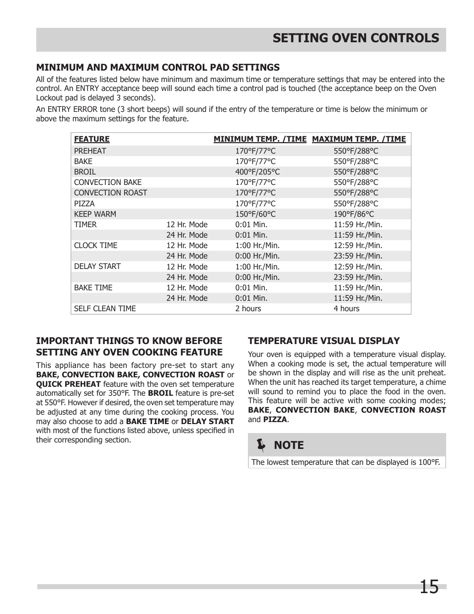 Setting oven controls | FRIGIDAIRE FGEF308TNF User Manual | Page 15 / 40