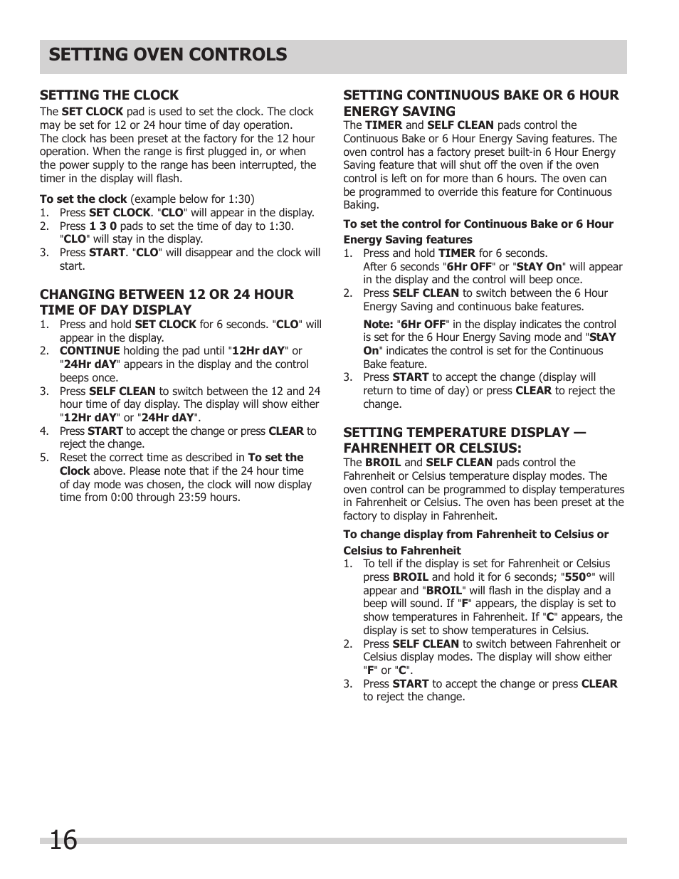 Setting oven controls | FRIGIDAIRE FGEF308TNF User Manual | Page 16 / 40