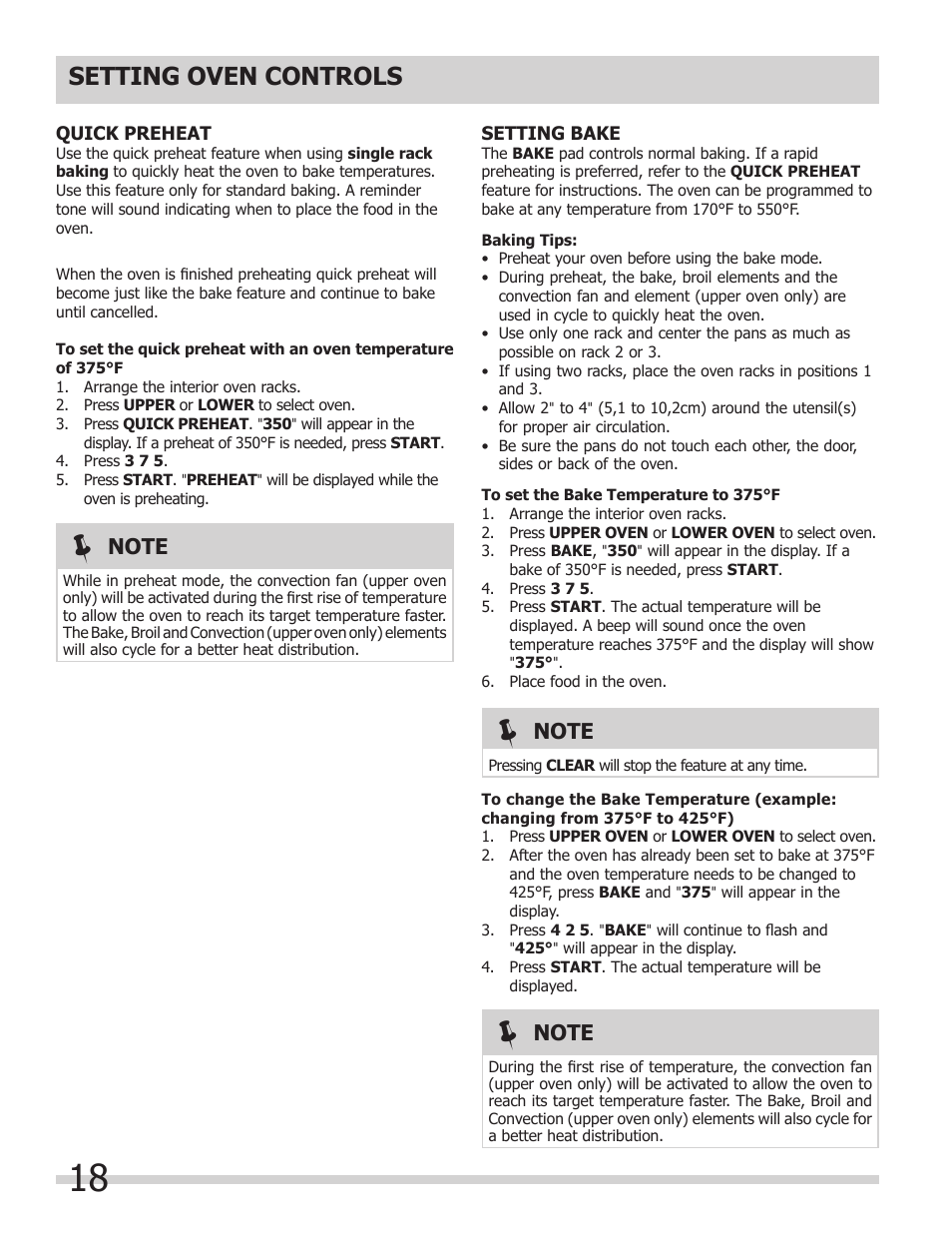Setting oven controls | FRIGIDAIRE FGEF308TNF User Manual | Page 18 / 40