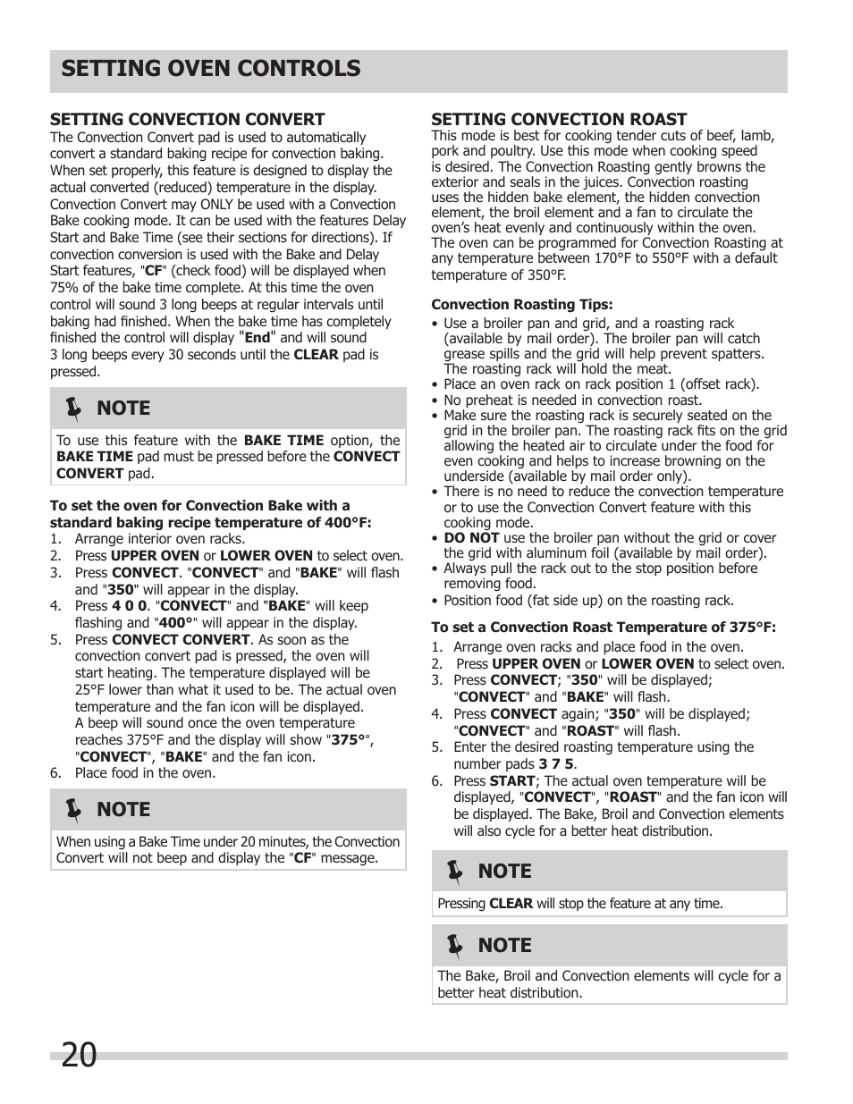 Setting oven controls | FRIGIDAIRE FGEF308TNF User Manual | Page 20 / 40