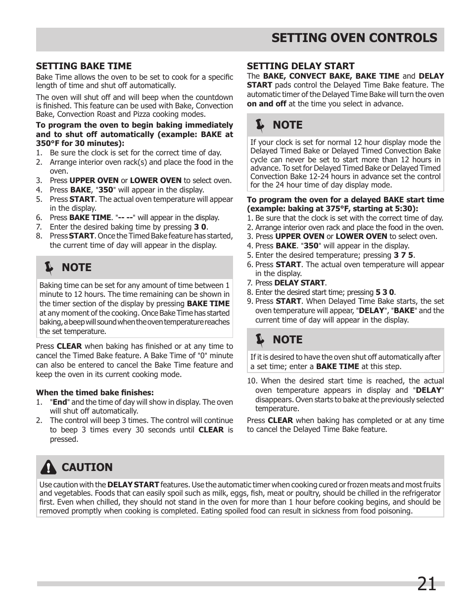 Setting oven controls, Caution | FRIGIDAIRE FGEF308TNF User Manual | Page 21 / 40