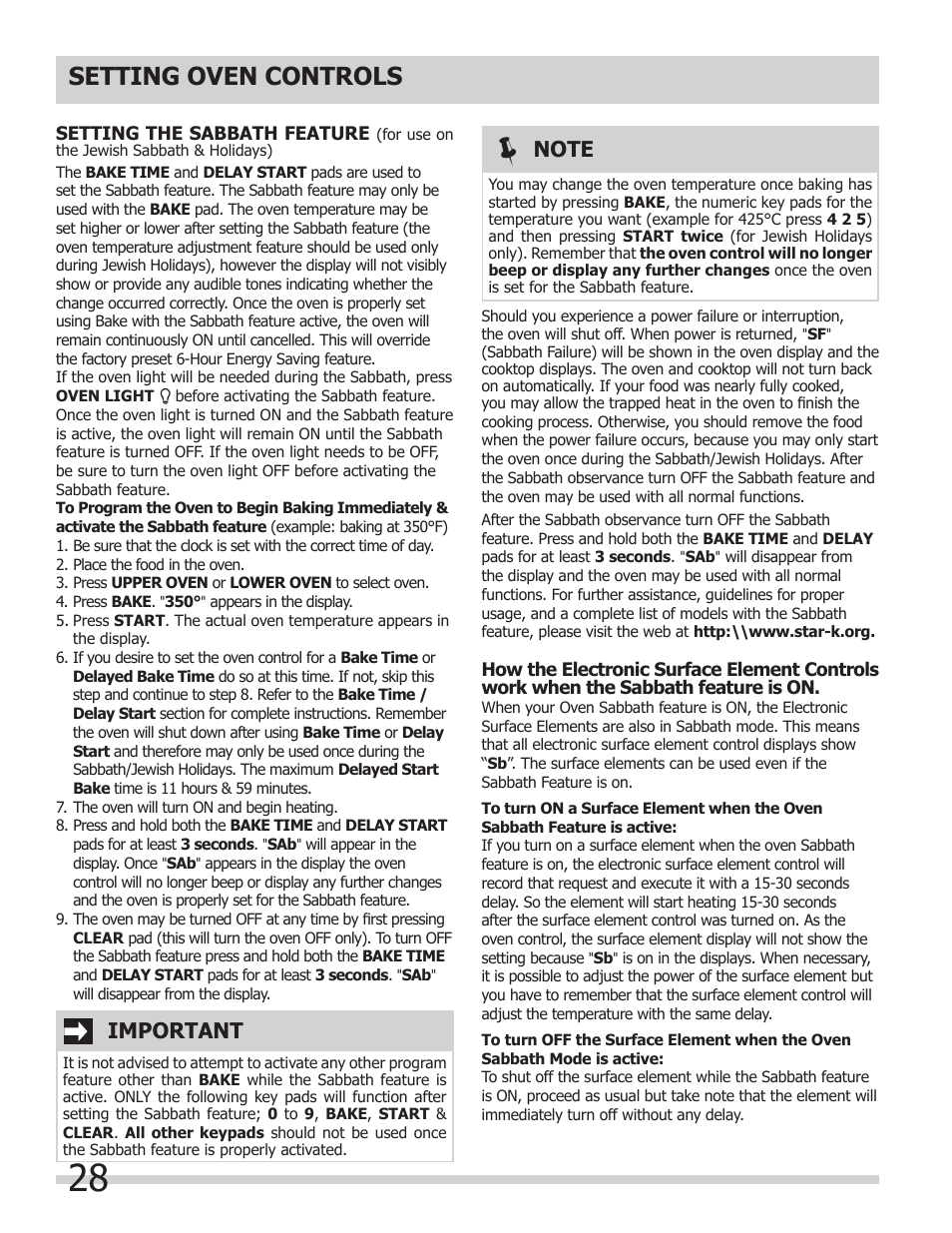 Setting oven controls, Important | FRIGIDAIRE FGEF308TNF User Manual | Page 28 / 40