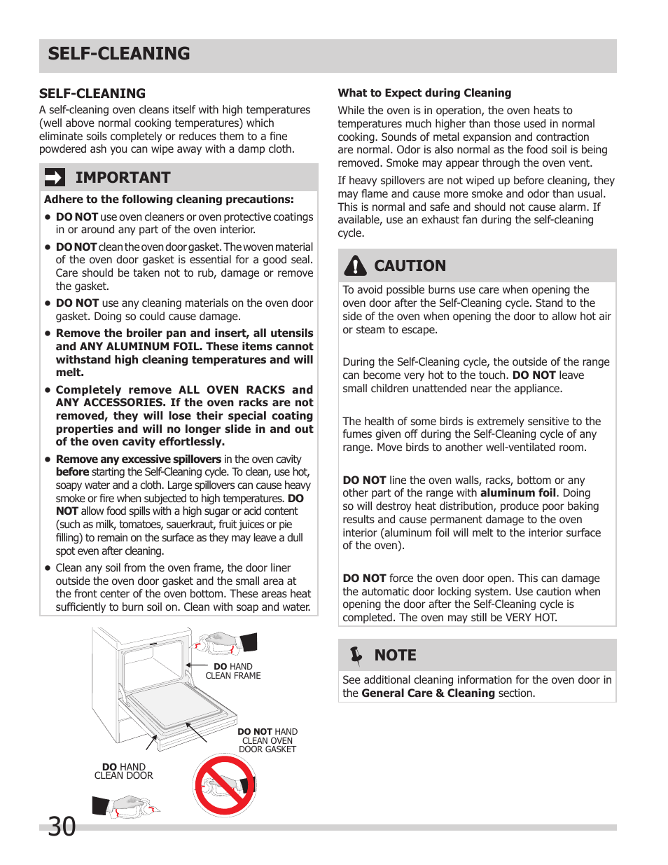 Self-cleaning, Caution, Important | FRIGIDAIRE FGEF308TNF User Manual | Page 30 / 40