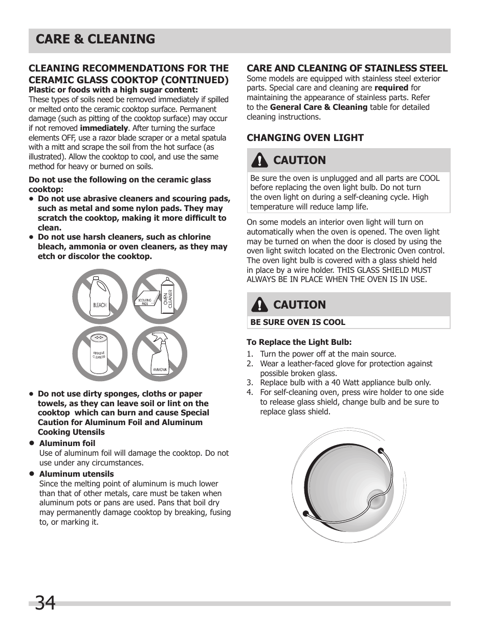 Care & cleaning, Caution | FRIGIDAIRE FGEF308TNF User Manual | Page 34 / 40