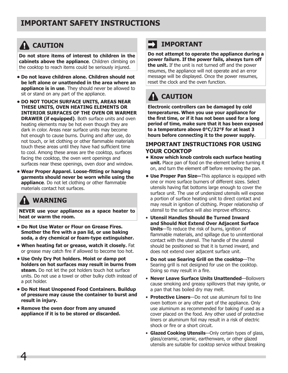 Important safety instructions, Caution, Warning | Important | FRIGIDAIRE FGEF308TNF User Manual | Page 4 / 40