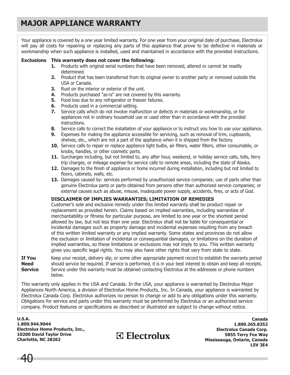 Major appliance warranty | FRIGIDAIRE FGEF308TNF User Manual | Page 40 / 40