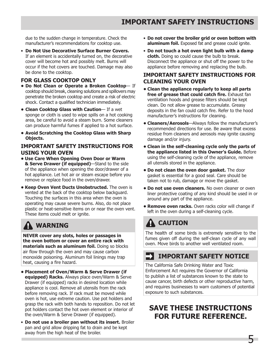 Important safety instructions, Save these instructions for future reference, Warning | Caution, Important safety notice | FRIGIDAIRE FGEF308TNF User Manual | Page 5 / 40